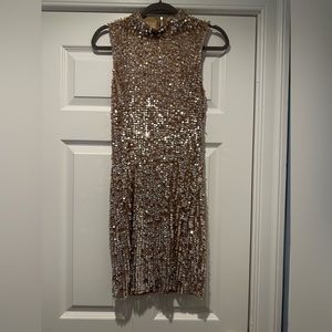 French Connection Nude Sequin Mock Neck Mini Dress